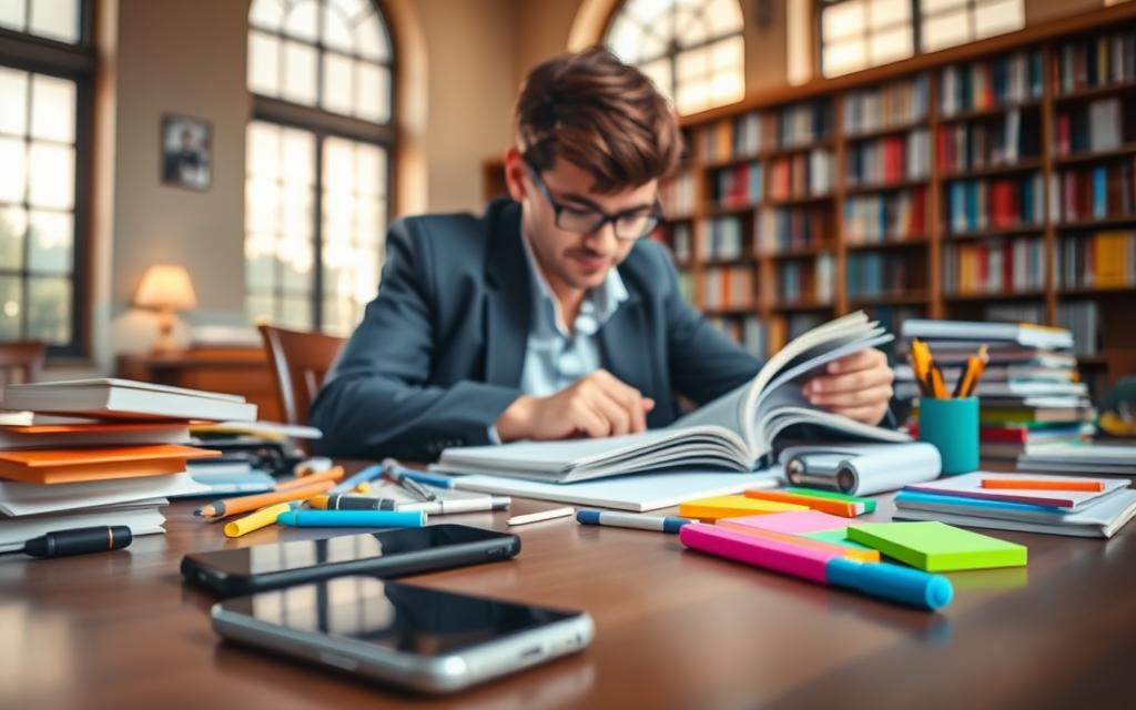 A serene study environment showcasing a desk cluttered with study materials while a phone lies face down, symbolizing distraction. In the foreground, a student seated at the desk, dressed in smart casual attire, leans forward, focusing intently on an open notebook. The mid-ground features color-coded organization tools like sticky notes and highlighters scattered thoughtfully around the desk, illustrating effective study tips. The background reveals a soft library setting with warm lighting filtering through large windows, casting gentle shadows for a calming atmosphere. A subtle blur on the edges enhances focus on the student’s intense concentration, highlighting a balance between organization and the temptation of distractions.