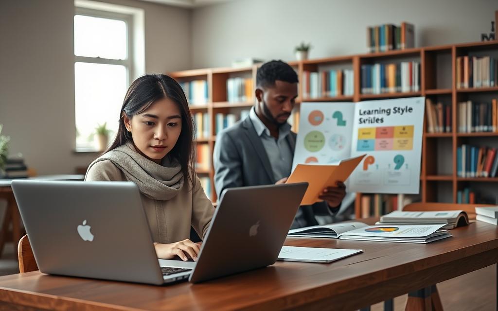 A serene study environment showcasing a diverse group of students engaged in learning style assessments. In the foreground, a focused female student of Asian descent, wearing modest casual clothing, sits at a modern wooden desk, using a laptop with open learning style questionnaires. In the middle, a male student of African descent, dressed in smart casual attire, examines colorful charts depicting various learning styles. In the background, light streams through a large window, illuminating a cozy library with bookshelves filled with educational resources. The atmosphere is calm and inviting, promoting concentration and self-discovery in learning. Soft, natural light enhances the scene, creating a warm and encouraging mood, ideal for students seeking to understand their learning preferences.