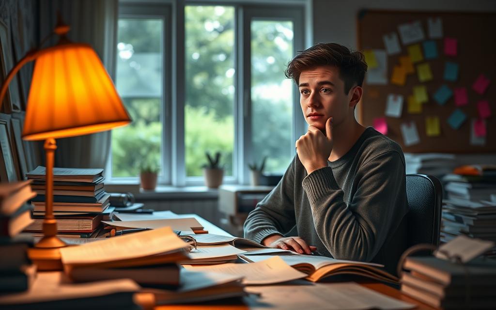 A serene study space, depicting a student sitting at a desk, surrounded by scattered books and study materials, feeling a mix of frustration and determination. The student, dressed in comfortable but modest casual clothing, has an expression of contemplation, with one hand on their chin. In the foreground, a warm desk lamp casts a soft glow, illuminating papers and notes. In the middle ground, a window shows an outdoor scene with calming greenery, hinting at a hopeful perspective. The background features colorful post-it notes pinned on a corkboard, symbolizing ideas and plans. The overall mood is one of introspection and resilience, with gentle, diffused lighting to create an atmosphere of calm amidst chaos.