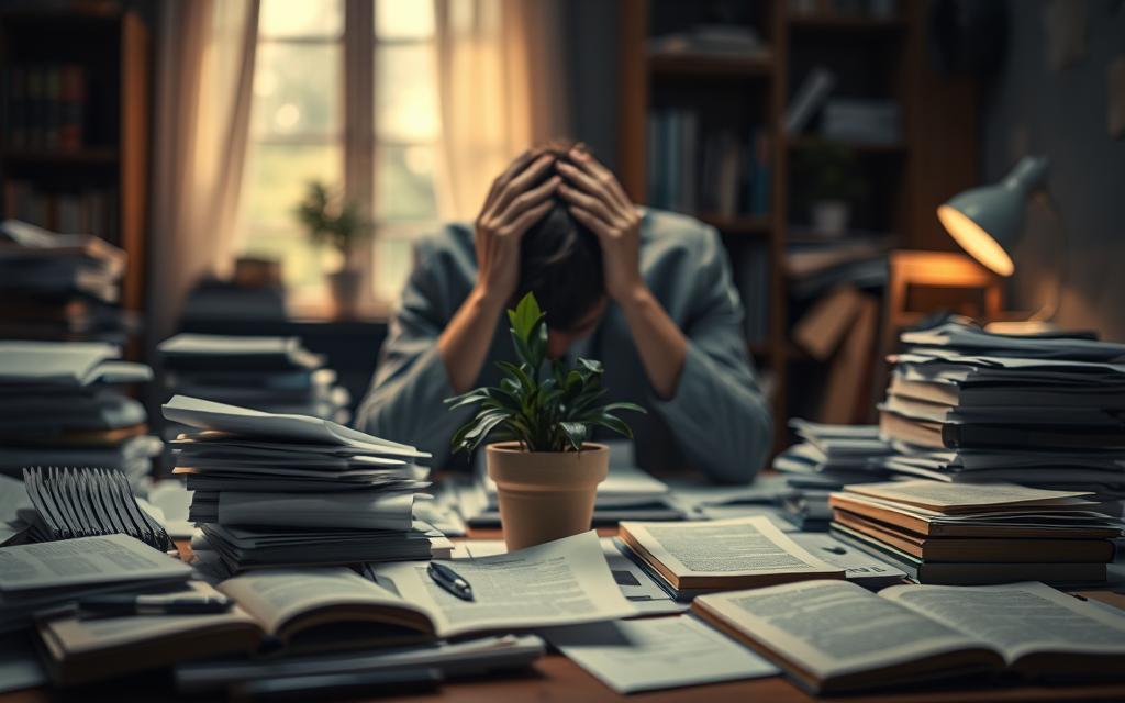 A serene yet introspective scene depicting an individual sitting at a cluttered study desk, head resting in hands, symbolizing stress and overwhelm. In the foreground, papers and books are scattered about, some half-open with highlighted passages, representing an overwhelming amount of information. The middle ground features a potted plant, subtly thriving amidst the chaos, hinting at resilience. The background is softly blurred, showcasing a dimly lit room with warm light filtering through a window, creating a calming atmosphere. Soft shadows interplay with the lighting, enhancing the mood of contemplation and introspection. The person's clothing is modest and professional, conveying focus and sincerity. The overall tone should reflect a sense of struggle mixed with hope.